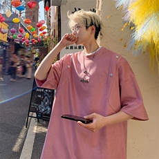 2026夏美式重磅麂皮绒情侣大码日系短袖T恤半袖T6602/特P30粉3，男装T恤，电商A094