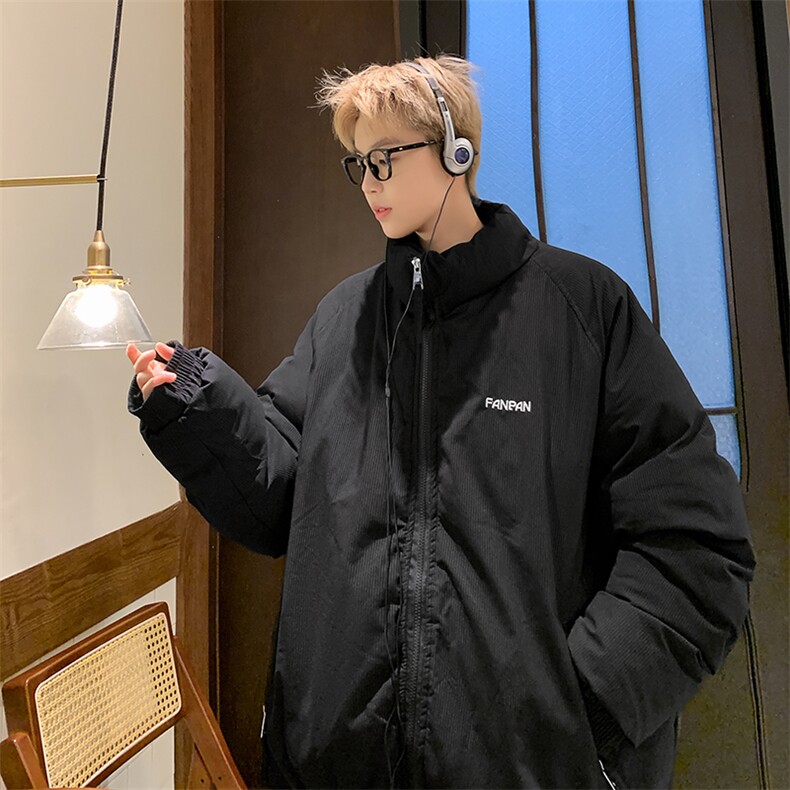男棉服宽松立领条纹刺绣棉衣加厚棉袄面包服MY8697/特P90黑色,男装棉衣,电商A094