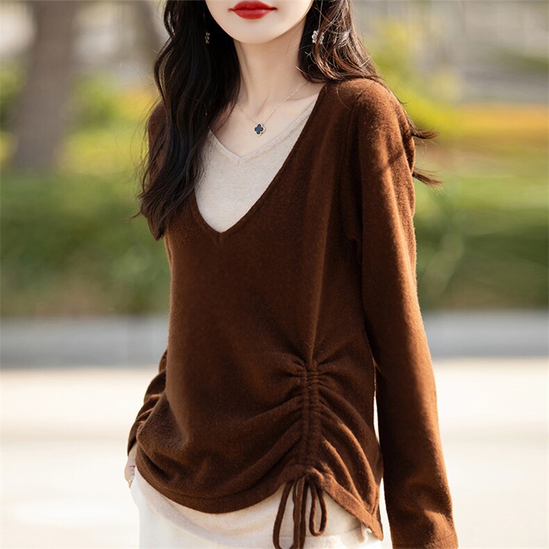 V领拼色100%纯羊毛开衫女假两件抽绳长袖气质毛衣宽松羊绒衫上衣,女装羊毛衫,琳尚羊绒