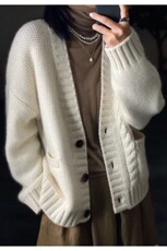 v领针织开衫女秋冬新款流行软糯毛衣外套慵懒外搭，女装羊毛衫，恩泰羊绒