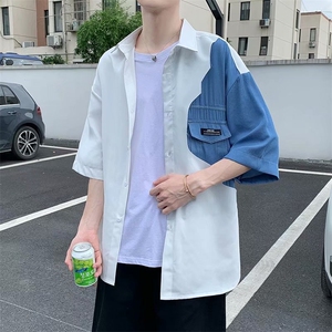 2021男短袖衬衫宽松牛仔拼接口袋装饰日系学生个性衬衣 W857-P32图片