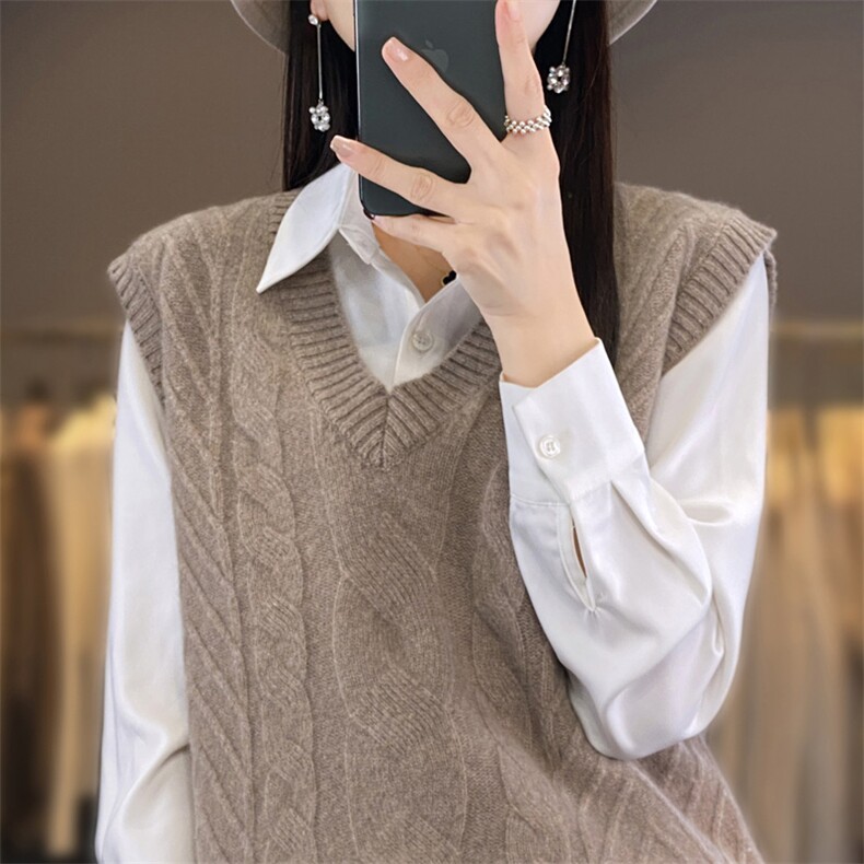 2025年夏季宽松型常规套头单件圆领无袖背心马甲时尚百搭,女装羊毛衫,春贝羊绒