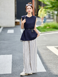时尚条纹阔腿裤两件套女2025新款夏季无袖背心轻熟风休闲气质套装图片