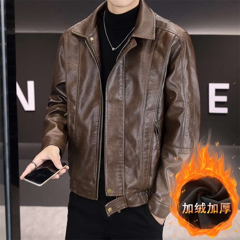 翻领加绒防寒青年机车皮衣男冬季时尚百搭痞帅气夹克休闲男士外套,男装夹克,星座914