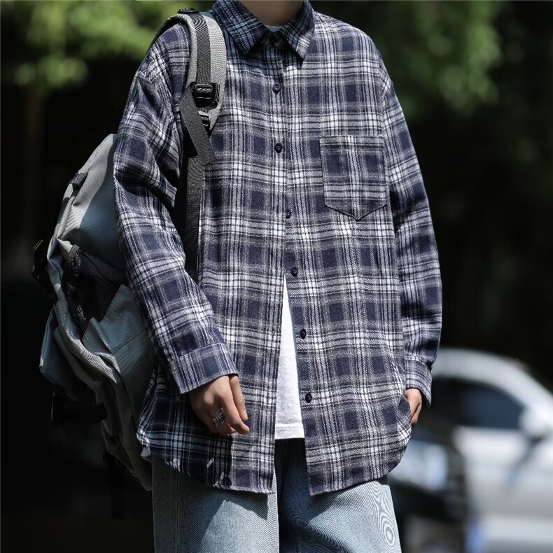 港风格子衬衫男痞帅长袖衬衣潮牌日系夏季外套1001-1-CS45-p35,男装衬衫,星座1001-1