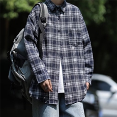 港风格子衬衫男痞帅长袖衬衣潮牌日系夏季外套1001-1-CS45-p35，男装衬衫，星座1001-1