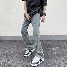 美式复古水洗牛仔裤男春夏潮牌宽松hiphop设计感高街痞帅直筒长裤，男装牛仔裤，星座601-2