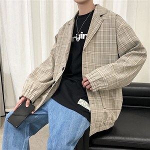 春季网红宽松小西装外套男韩版潮流ins格子休闲西服 A071-X02-P80图片