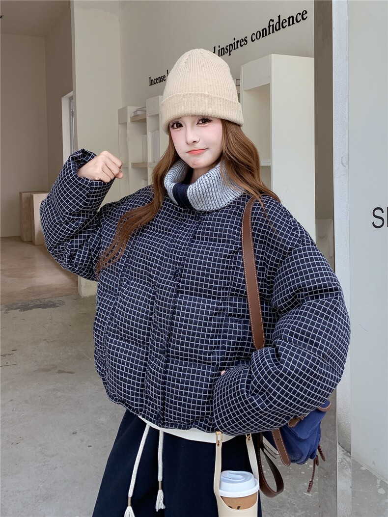 学院风格子羽绒服女2025冬新款短款翻领宽松外套加厚白鸭绒面包服,女装羽绒服,慧尚依恋