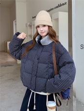 学院风格子羽绒服女2025冬新款短款翻领宽松外套加厚白鸭绒面包服，女装羽绒服，慧尚依恋