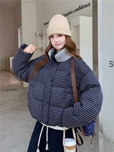 学院风格子羽绒服女2025冬新款短款翻领宽松外套加厚白鸭绒面包服图片