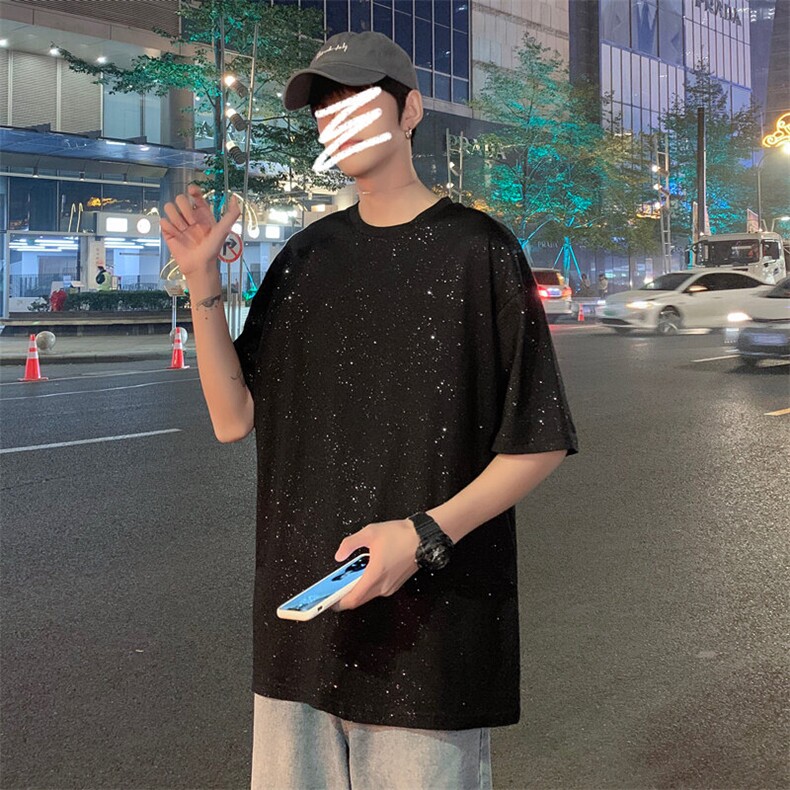 现货M-5XL港风亮片满天星短袖T恤男加大码夏季T2111/P20,男装T恤,星座223（原229-2）
