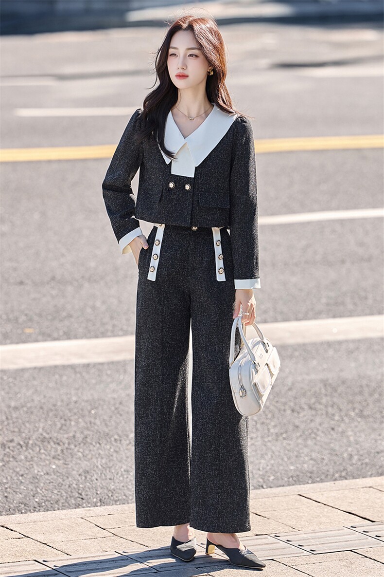 现货法式小香风翻领套装女2025年春秋新款气质减龄阔腿裤两件套,女装套装/套裙,伊仟回