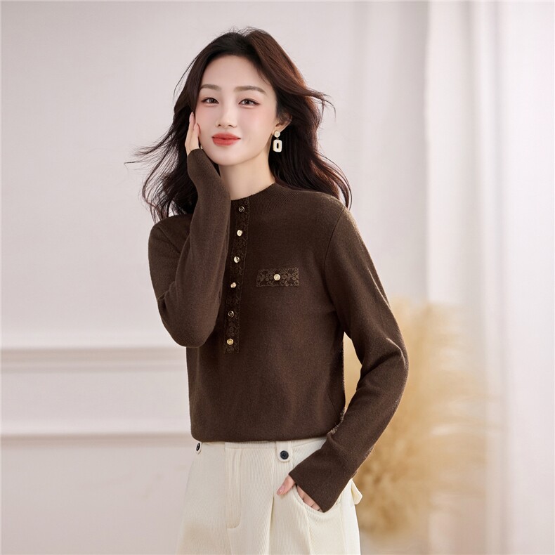 2025年冬季新款拼花边订扣打底毛衣，女装针织衫/毛衣，乐吉娜