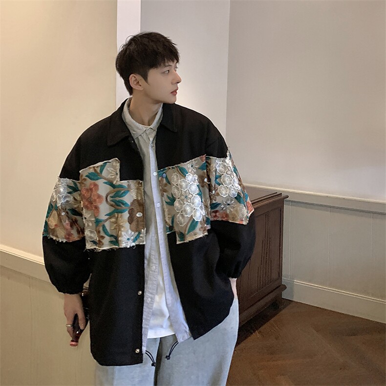 1港风休闲宽松刺绣潮拼接翻领大码M-5XL工装夹克男7568P85控118，男装夹克，星座226-2