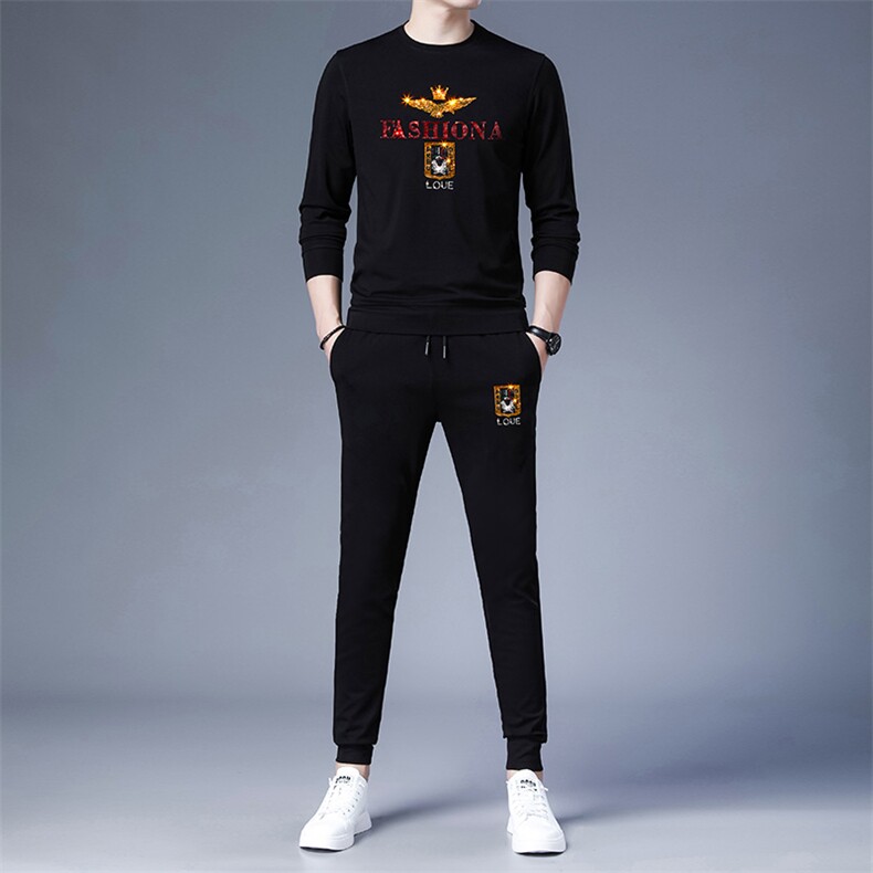 印花套装男春秋季宽松加绒长袖圆领卫衣高端中年男士休闲两件套，男装休闲套装，电商B212（原钱塘6029）