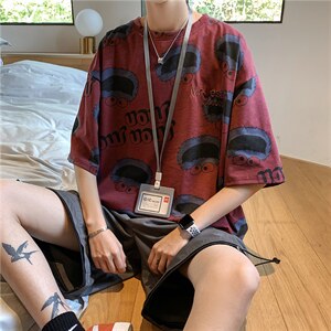 夏季港风卡通印花中长款休闲短袖男女慵懒风百搭宽松T恤TX20-P18，男装T恤，星座1008-2