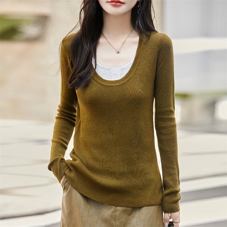 春秋款拼色假两件精纺羊毛衫女圆领纽扣针织毛衣百搭长袖打底上衣,女装羊毛衫,秋虹羊绒