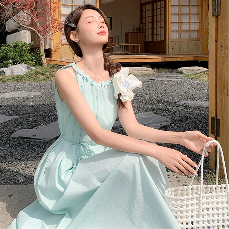 Moriirose湖蓝色立体花系带连衣裙女夏季复古收腰显瘦无袖中长裙,女装连衣裙,贝蕾酷儿