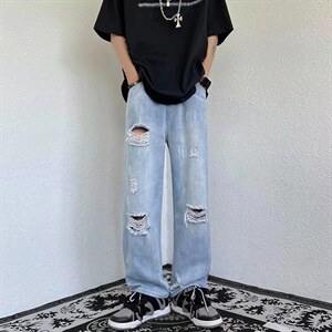 夏季高街水洗宽松直筒休闲长裤美式复古破洞牛仔裤男 K3307-P38图片