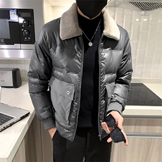B353906P160灰色无头风冬毛领亮面压花字母男羽绒上衣外套，男装羽绒服，电商B353