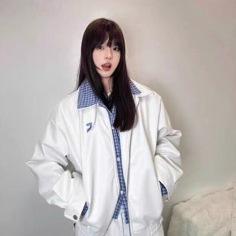 复古宽松翻领PU皮夹克假两件短外套女秋装新款休闲小个子外套,男装夹克,星座506A