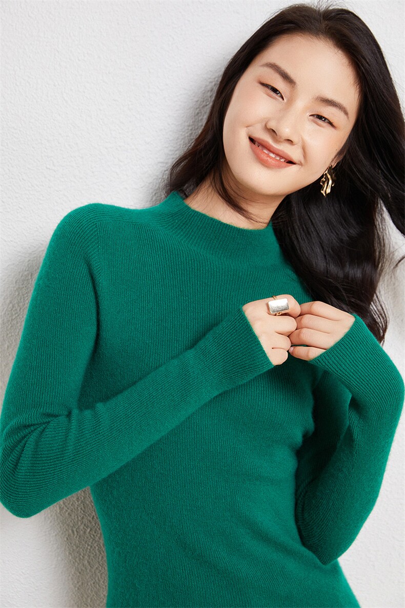 时尚半高领羊绒衫优雅修身显瘦舒适保暖绿色长袖针织衫,女装羊绒衫,兰皓羊绒