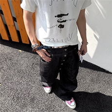美式错位排扣微喇牛仔裤男女设计感直筒弯刀堆堆长裤LN70244-P50，男装牛仔裤，星座1008