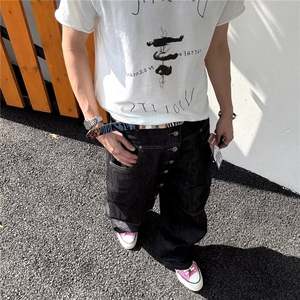 美式错位排扣微喇牛仔裤男女设计感直筒弯刀堆堆长裤LN70244-P50图片