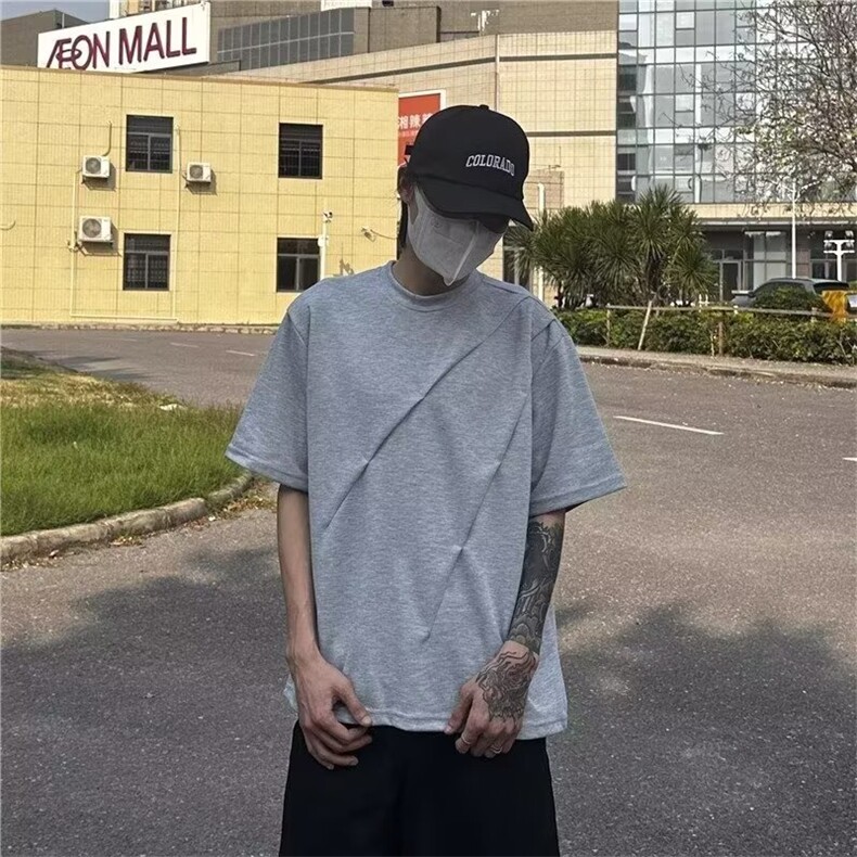 活页剪裁短袖T恤男夏美式高街解构圆领套头衫潮牌设计感宽松体恤图片