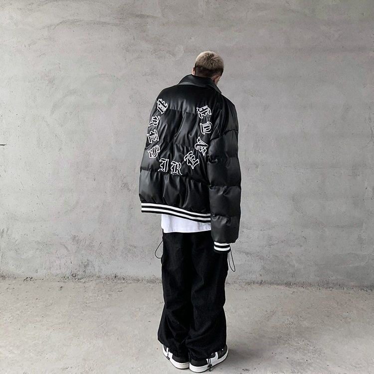 2025冬新PU皮款刺绣棉服情侣宽松百搭嘻哈棒球服潮流棉衣外套,男装棉衣,星座715-4