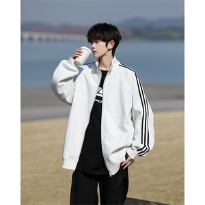 8XL-M三条杠运动卫衣特大码美式条纹立领夹克开衫外套JK5205/P65图片