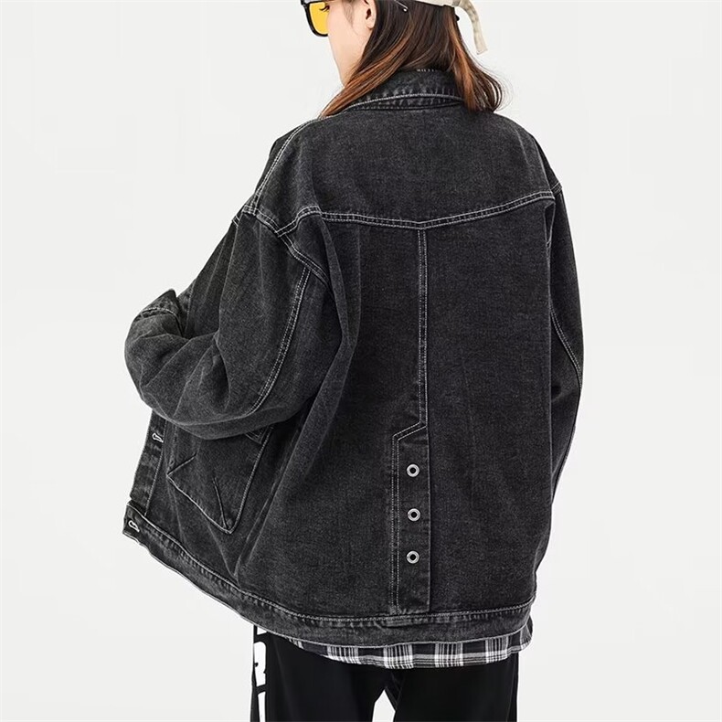 春款男女牛仔夹克工装口袋中性风字母贴标外套大码M-4XLJK5P60,男装夹克,星座1013-1