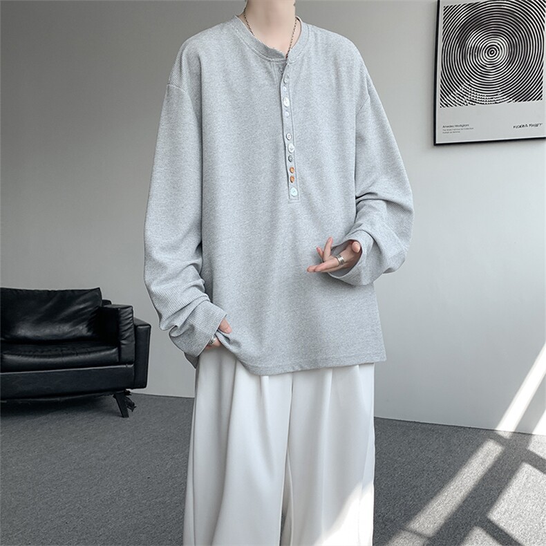 8XL-M慵懒肌理感华夫格廓形云母贝纽扣长袖T恤打底长袖CX3006P48,男装T恤,电商D206-1