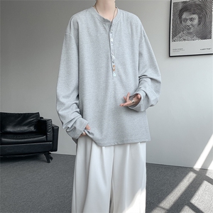 8XL-M 慵懒肌理感华夫格廓形云母贝纽扣长袖T恤打底长袖CX3006P48图片