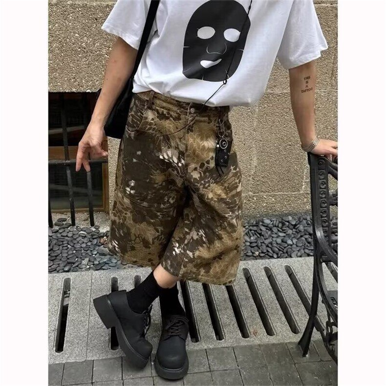 【有货】DS4102-P45蛇纹迷彩七分裤嘻哈废土水洗男女中裤图片