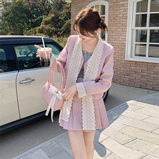 温柔粉色甜美小香风套装裙女2025早春新款毛呢短外套百褶裙两件套，女装套装/套裙，2D045