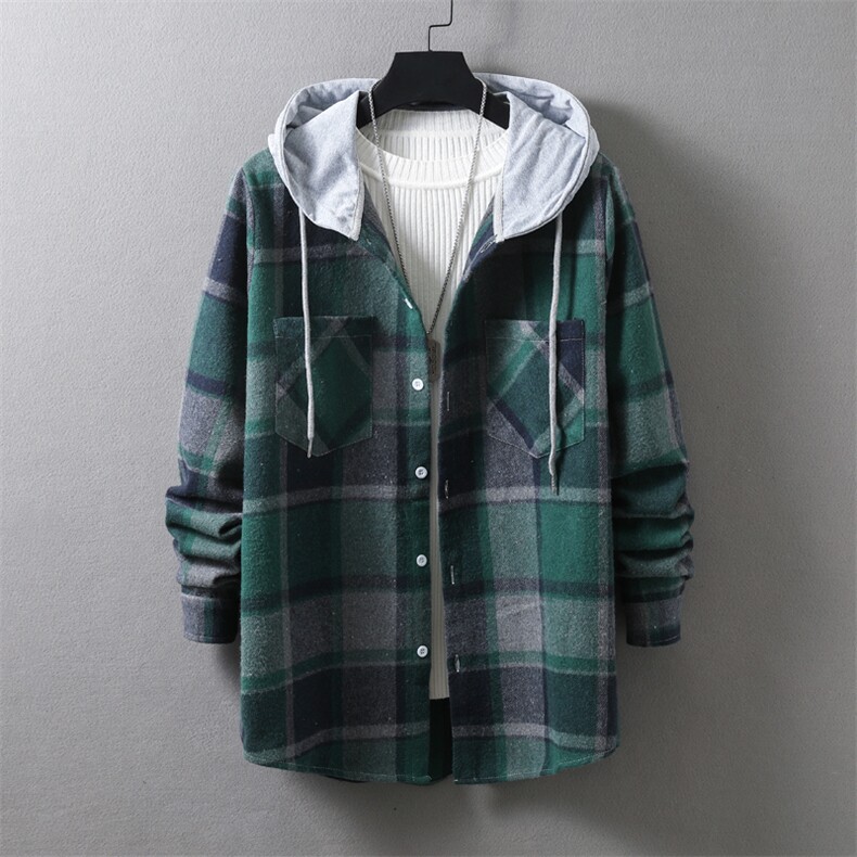 秋季新款休闲连帽挂拍格子宽松长袖呢子外套XZ402-2P40控58-W203图片