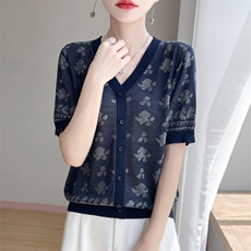夏季新款天丝提花V领假开衫女宽松百搭显瘦时尚休闲上衣，女装针织衫/毛衣，暖娇绒