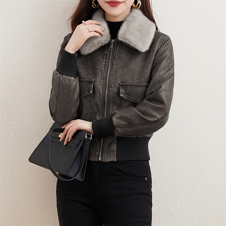 复古磨砂加绒皮衣女2023冬装新款小个子短款潮流机车服皮夹克外套,女装皮衣,江南女神