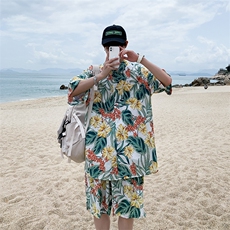 夏季青年花色印花衬衫套装男士多色宽松短裤套装TZ001-P45-控价69，男装休闲套装，电商A128