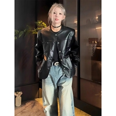 鳄鱼皮纹小香风皮衣外套男女款秋季穿搭pu皮夹克美式正肩无领外套，男装夹克，星座506A