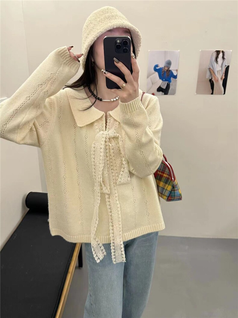 2025年秋季常规单件时尚百搭通勤简约蕾丝飘带翻领挑洞毛衫，女装针织衫/毛衣，臻纶羊绒