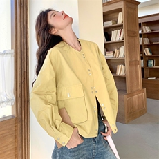 黄色工装外套女春秋2025新款减龄独特设计洋气棒球服式上衣夹克，女装短外套，2D143