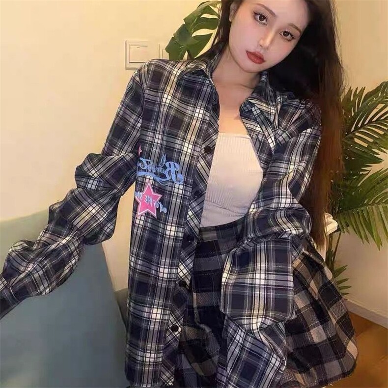 美式复古长袖格子衬衫外套女春秋幂式穿搭设计感小众刺绣防晒衬衣,男装防晒衣,星座218-1（原230）