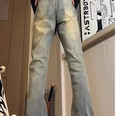 复古蓝牛仔裤男秋冬款美式高街裤子加绒直筒微喇裤AM52066P45,男装牛仔裤,星座1013-5