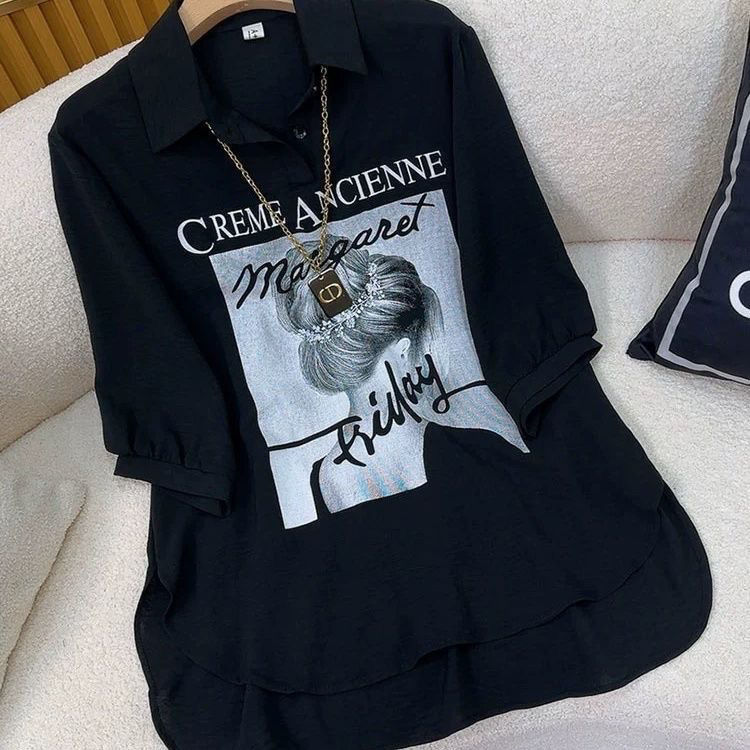 夏季大码中长款T恤显瘦宽松上衣遮肉印花时尚休闲短袖五分袖,女装T恤,思沃羊绒