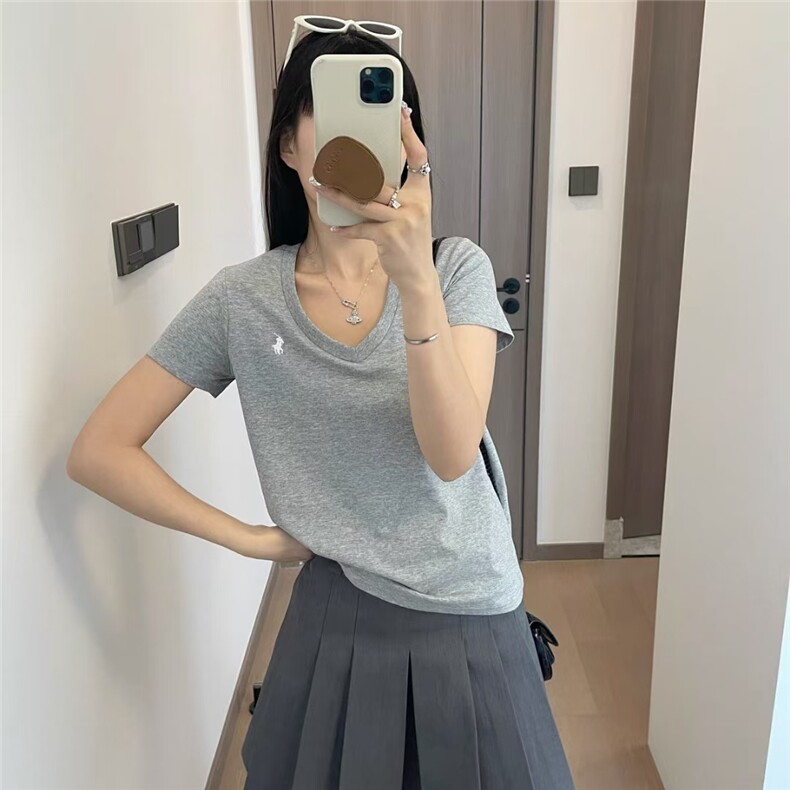 新款拉夫小马标纯棉刺绣V领夏季打底衫短袖T恤女纯色修身上衣RL球,女装T恤,思沃羊绒