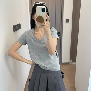新款拉夫小马标纯棉刺绣V领夏季打底衫短袖T恤女纯色修身上衣RL球