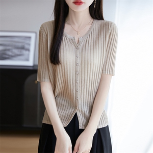 夏季新款简约休闲天丝亚麻抽条圆开中袖女士百搭时尚显瘦上衣图片